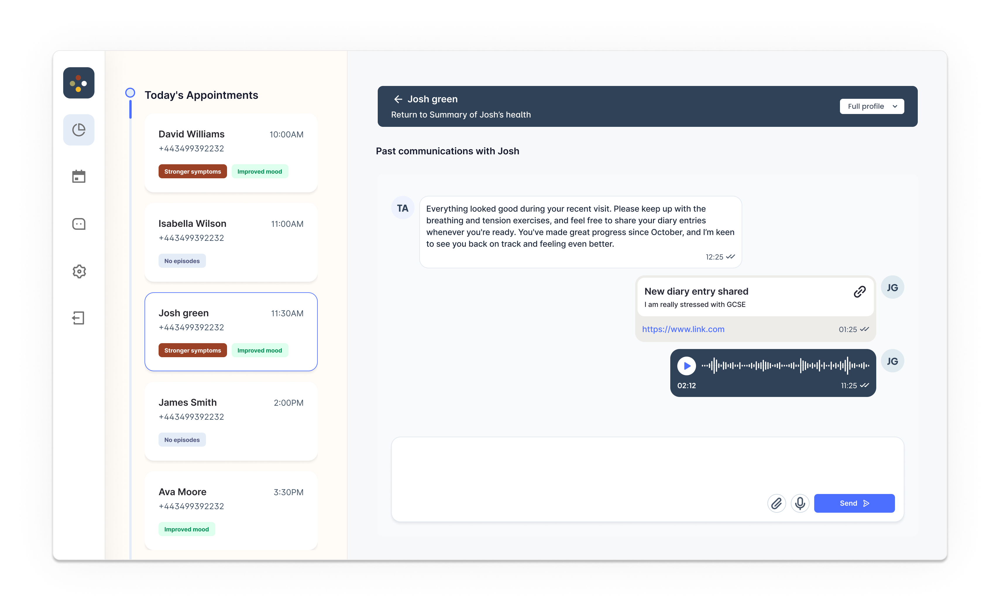 Clinician dashboard: appointments and secure chat
